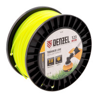 Леска для триммера Denzel FLEX CORD 96282 круглого сечения, диаметром 3,0 мм и длиной 123 м, на DIN-катушке, предназначена для скашивания как мягкой, молодой травы, так и более густой растительности. Подходит для бензиновых триммеров с объемом двигателя 