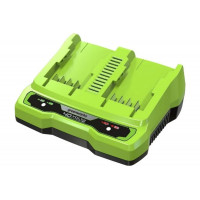 Зарядное устройство для 2-х аккумуляторов Greenworks Арт. 2938807, 40V - применяется для синхронной/параллельной зарядки двух аккумуляторов G-MAX напряжением 40 вольт.<br />
Среднее время зарядки аккумуляторов:<br />
2 Ач = 30 минут;<br />
4 Ач = 60 мину